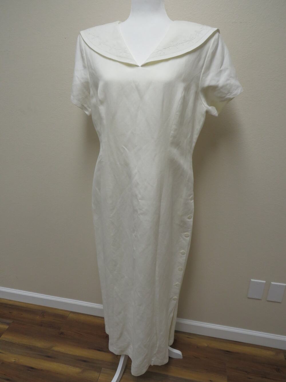 Vintage Linen Rayon Jessica Howard 14 Dress White Wedding Embroidered Nautical
